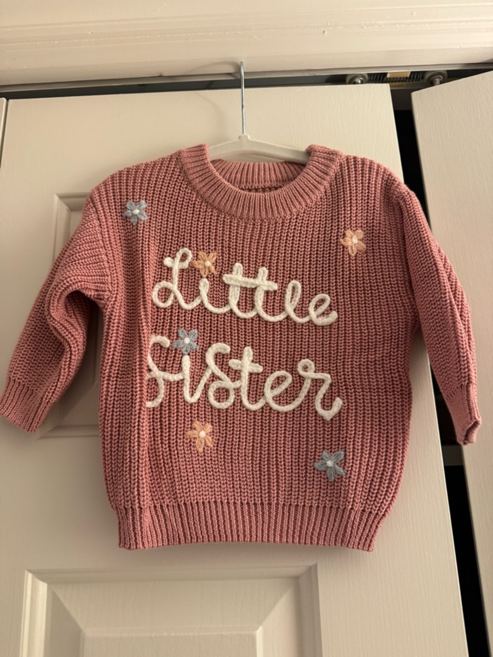 Dusty Pink "Little Sister" Knit Sweater with Embroidered Flowers